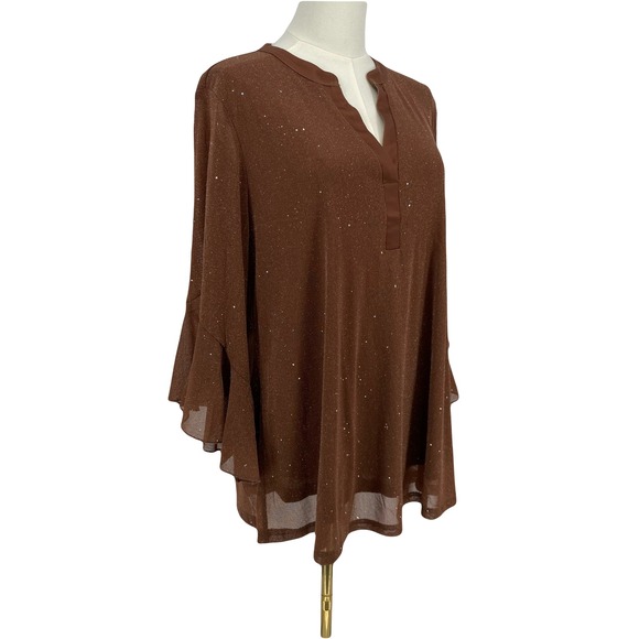 Chocolate Brown Sparkle Top Bell Sleeve Size L Fairy Grunge Date Night Going Out - Picture 3 of 17